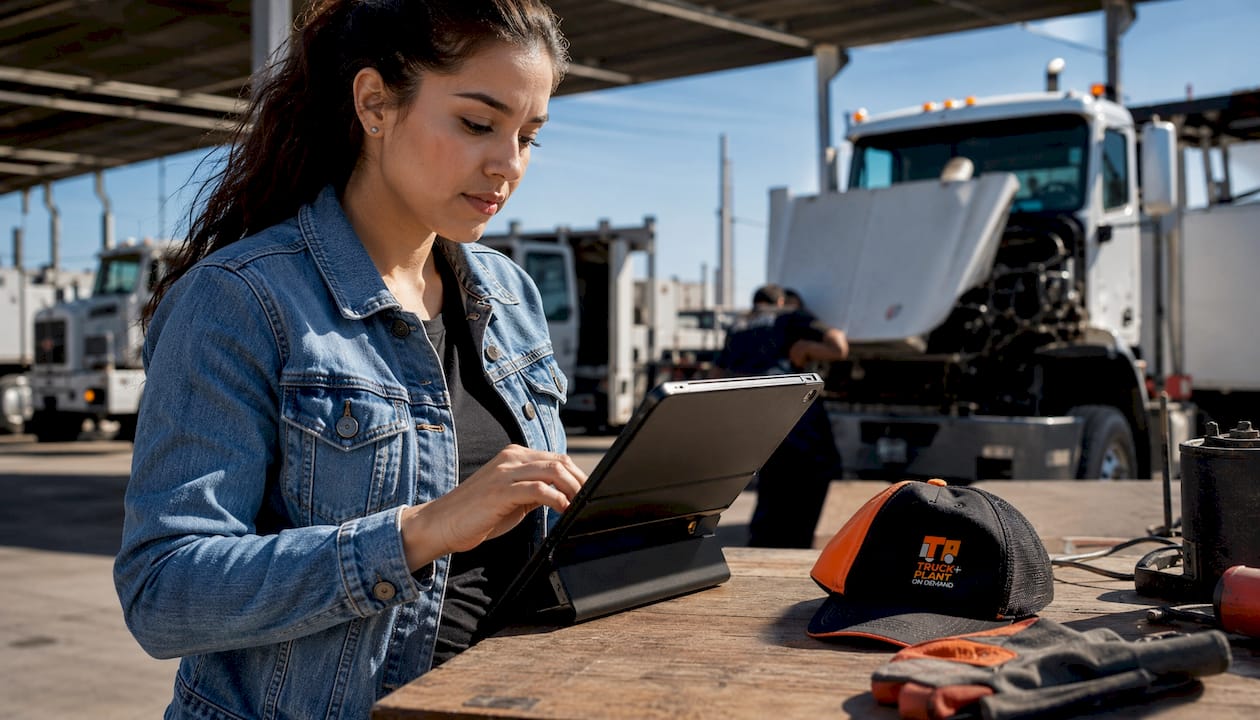 Technician checking fleet safety data on tablet