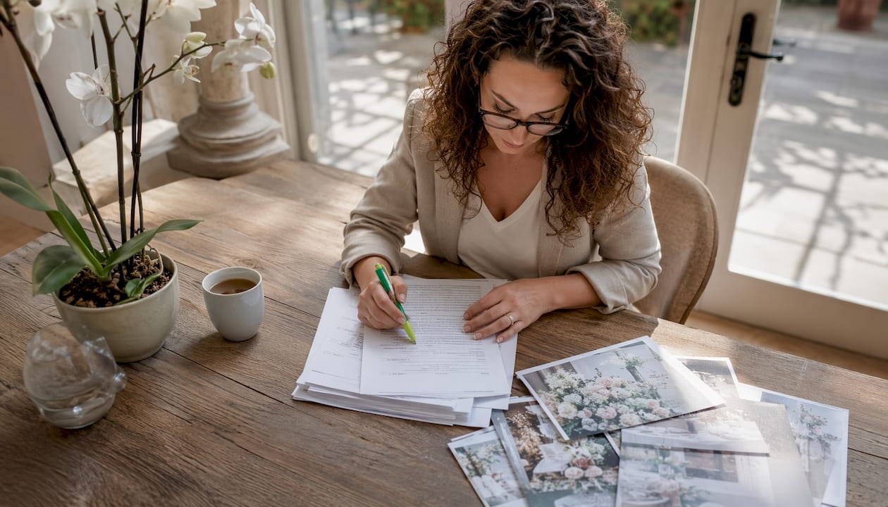 Wedding planner reviewing contract at venue desk