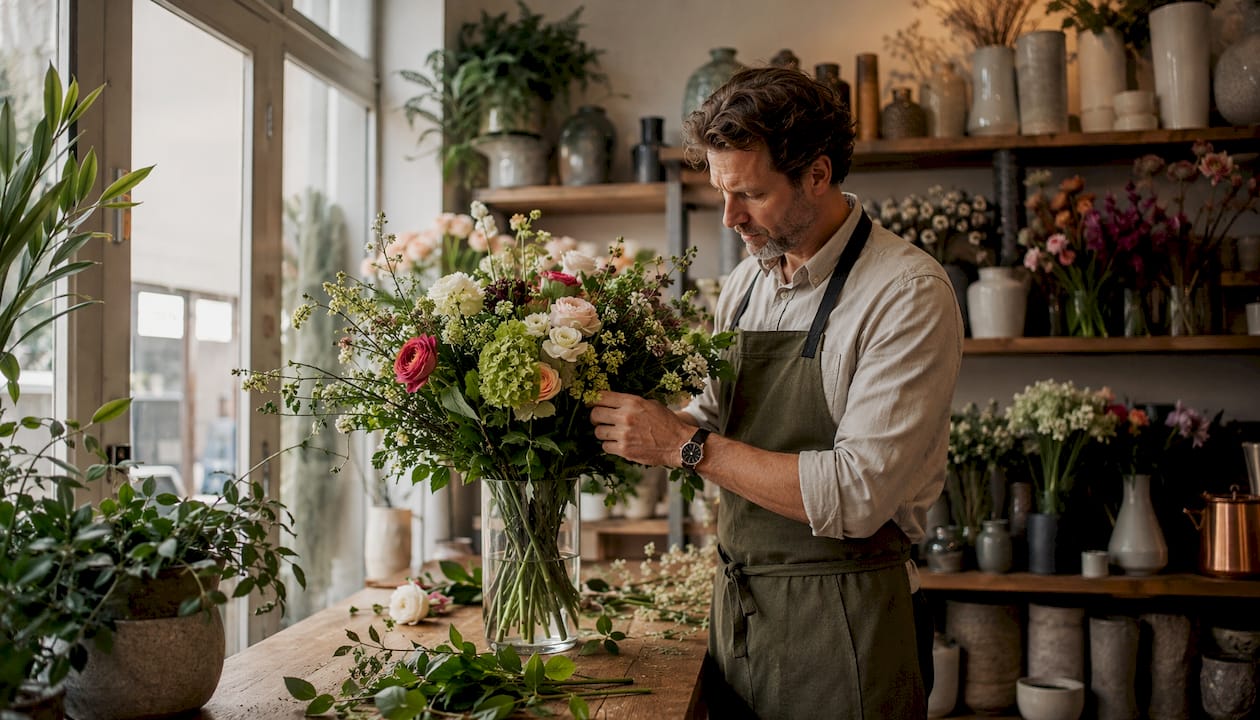 Florist designing wedding floral plans indoors