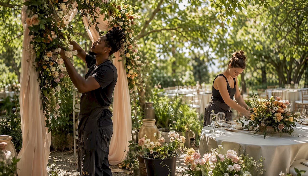 Florists installing wedding floral arch