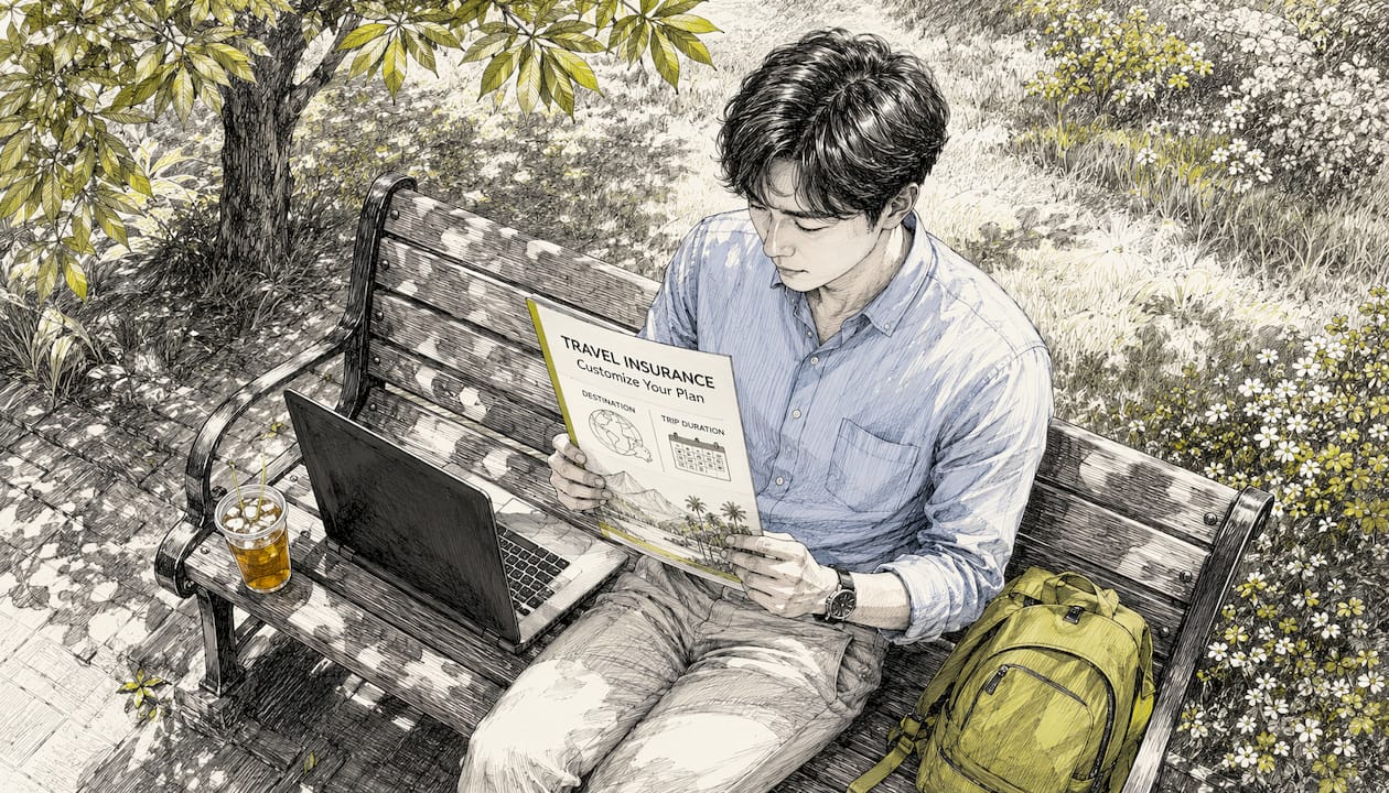 一位年轻男士在家里为自己的出行精心挑选并定制了专属的旅游保险。