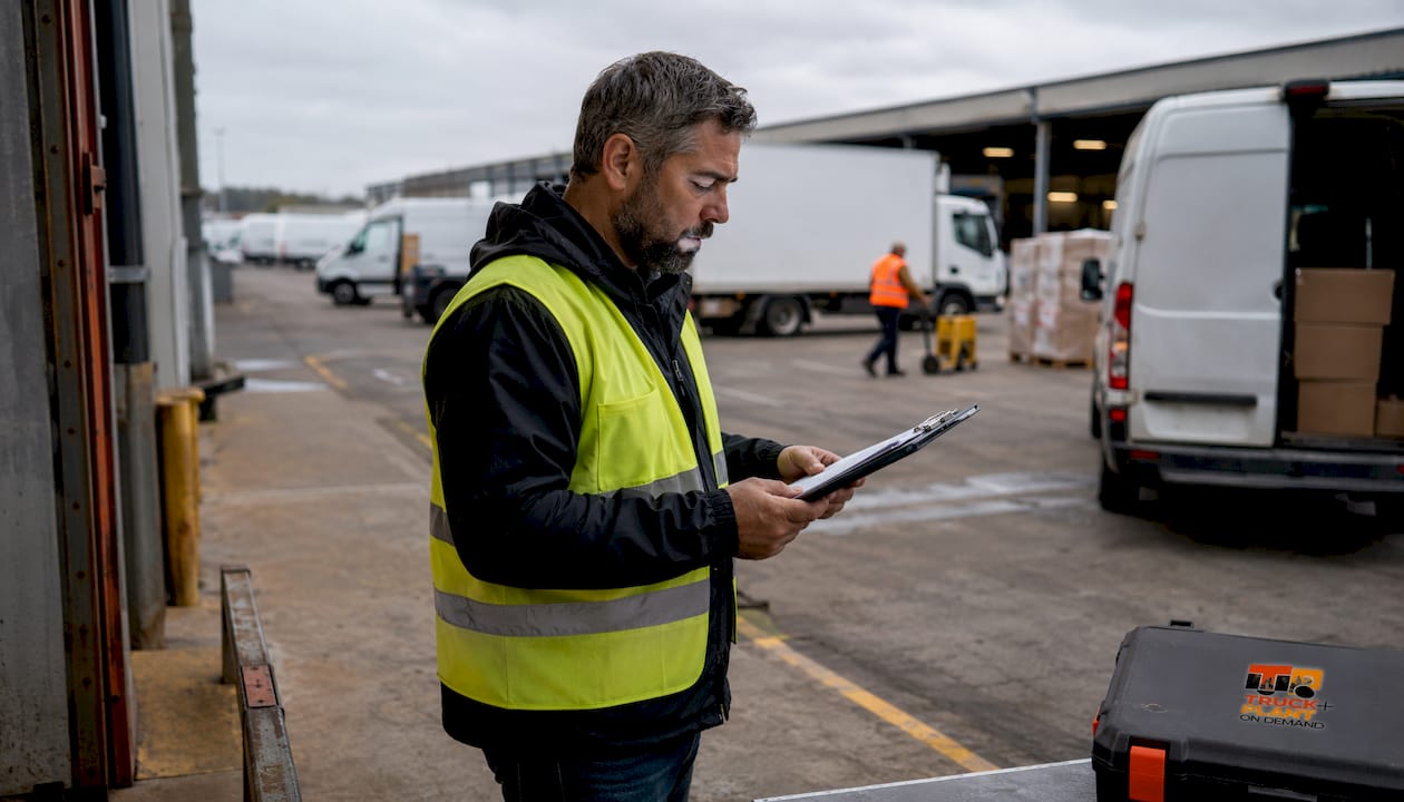 Logistics manager updating insurance coverage on tablet outdoors