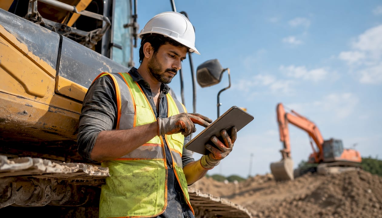 Worker inspecting plant equipment at construction site