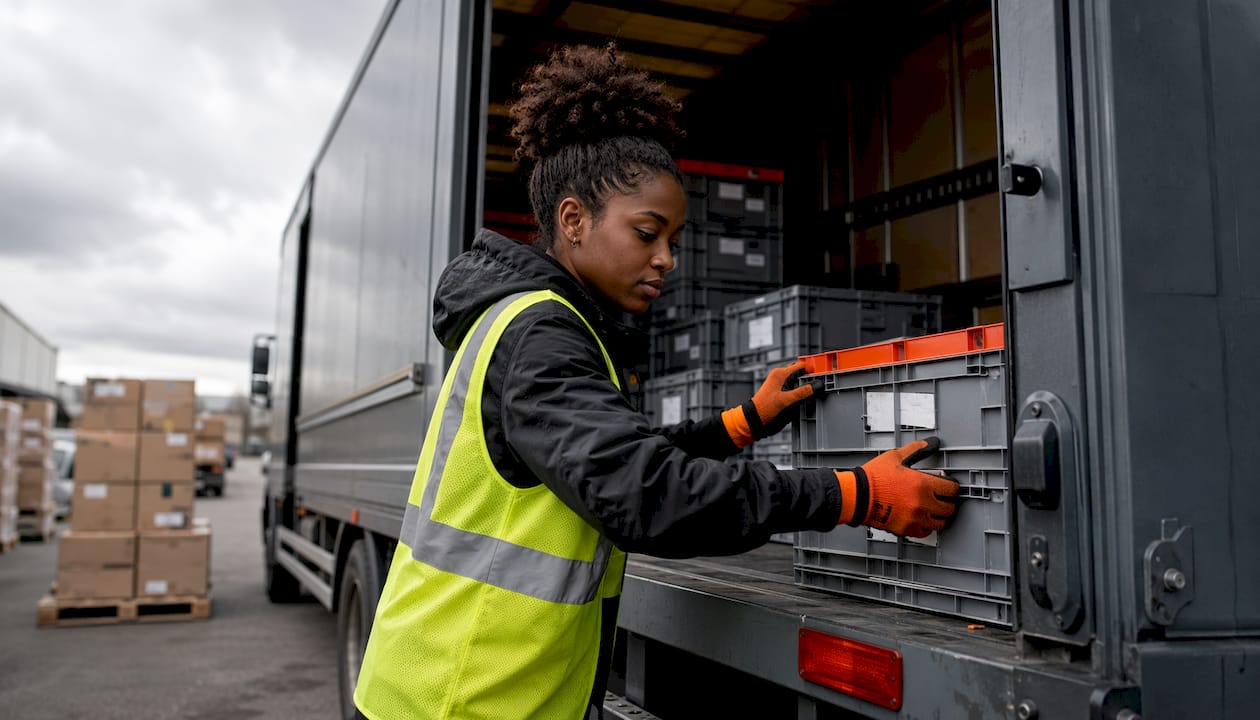 Warehouse worker loading goods into delivery truck