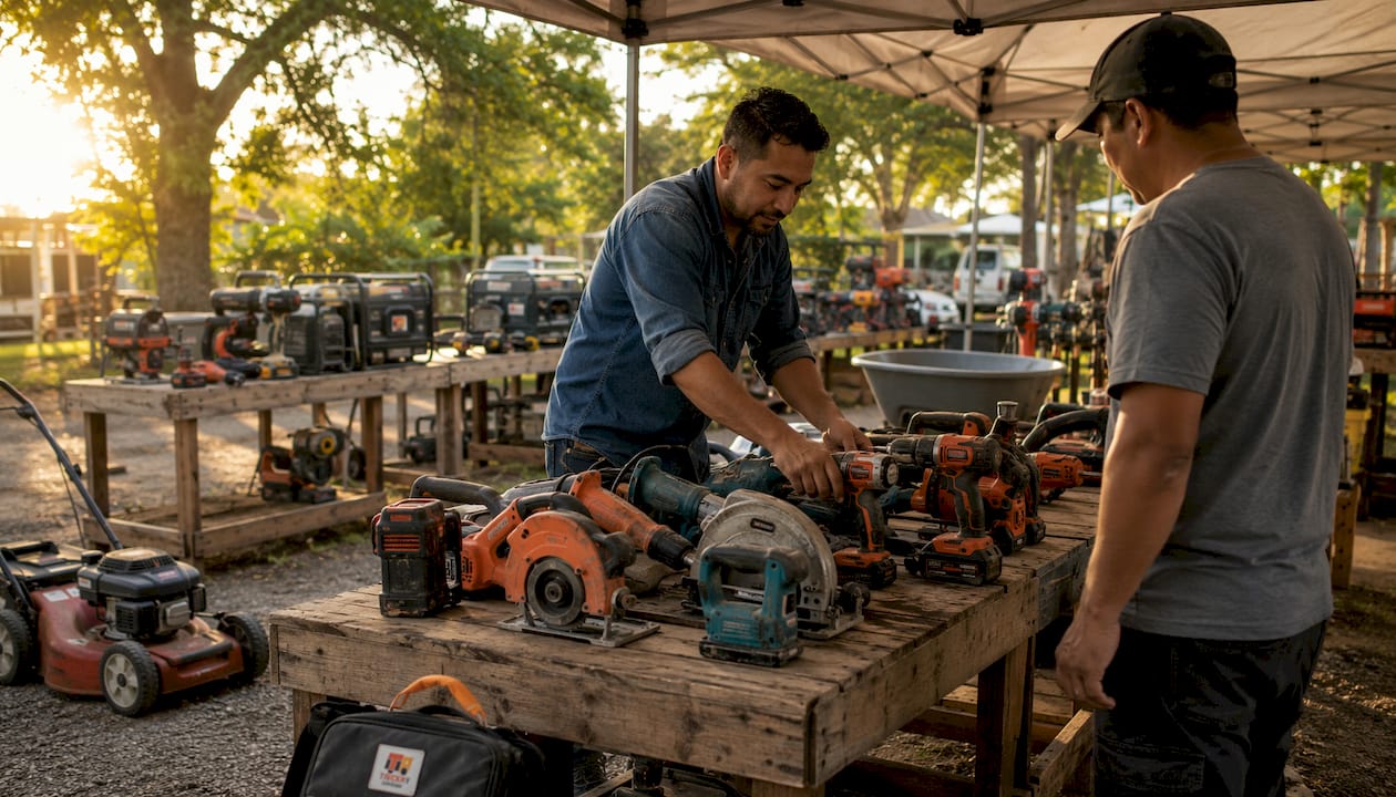Shop assistant organizing rental tools