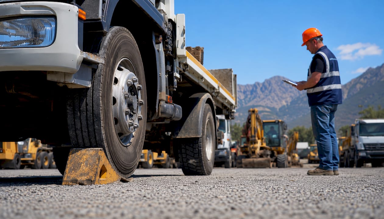 Idle trucks and plant machinery parked outdoors