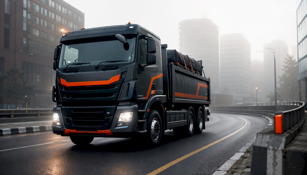 Commercial truck driving defensively on road