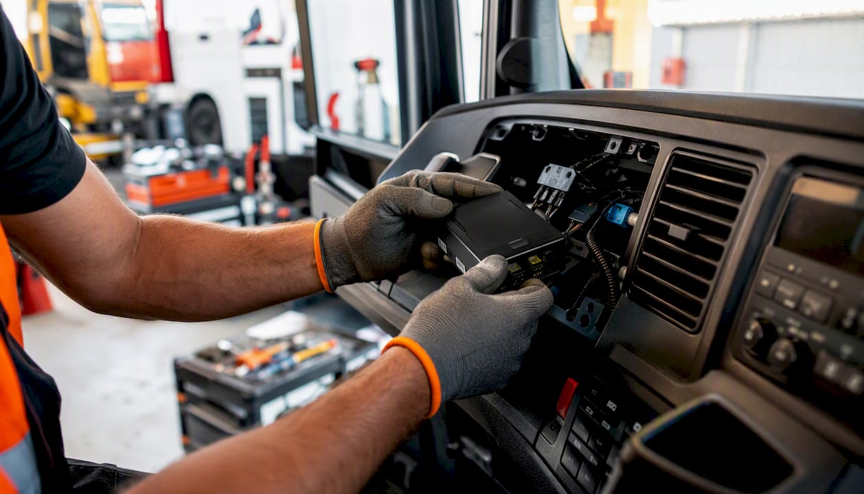 Close-up of telematics device installation in truck cabin