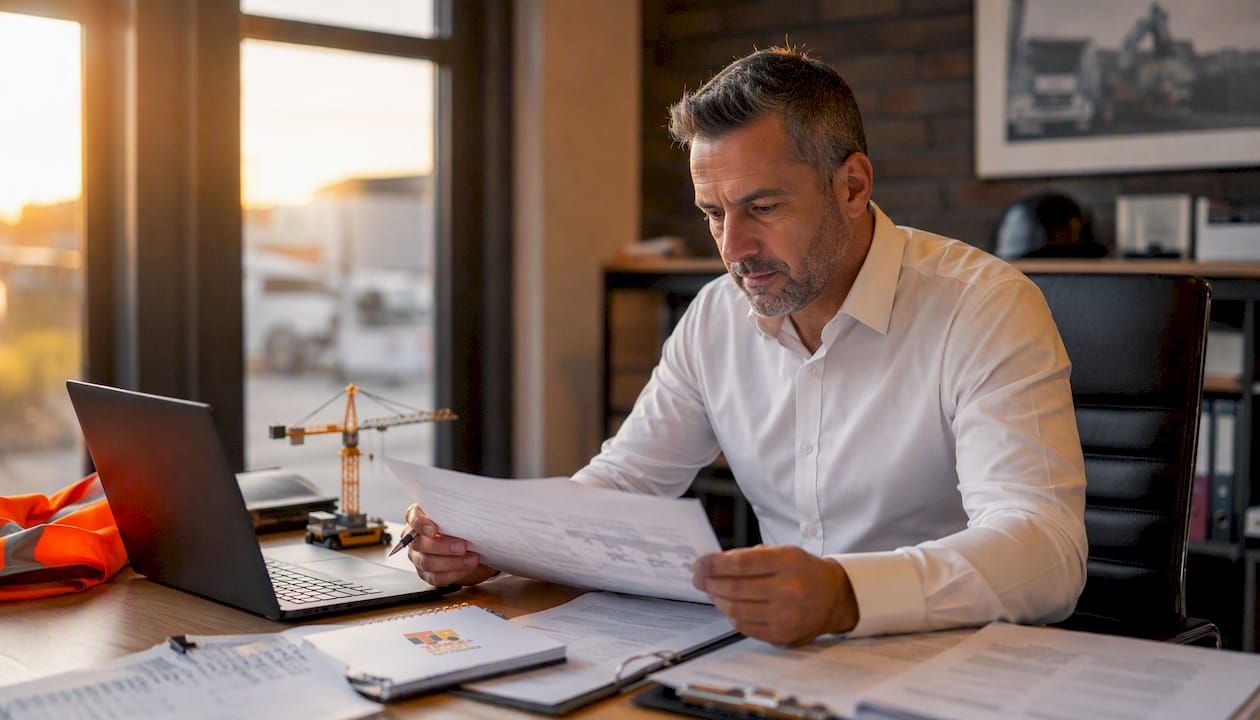Fleet manager reviewing vehicle insurance paperwork
