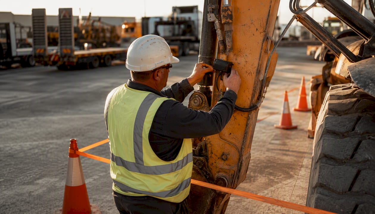 Foreman attaching telematics to excavator arm