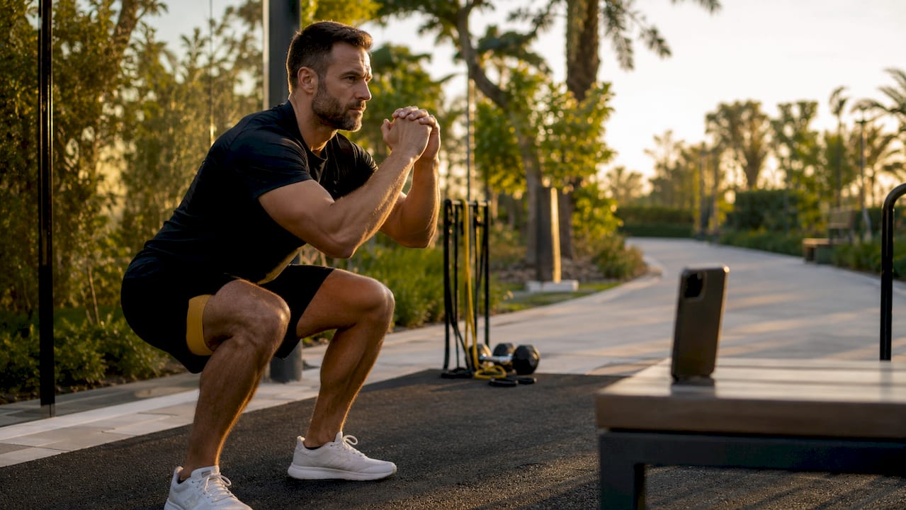 Man squatting with workout app capturing form