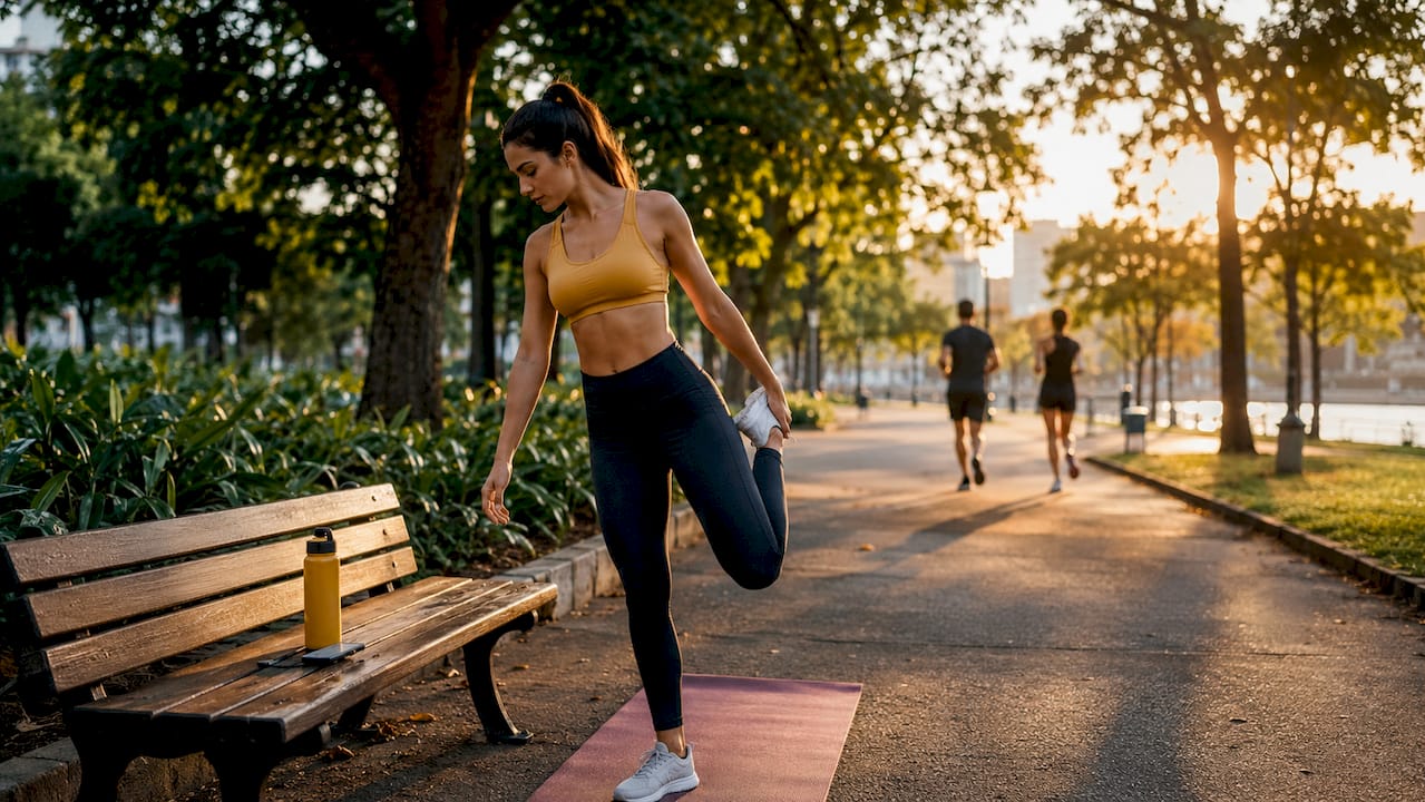 Woman stretching with workout app on phone