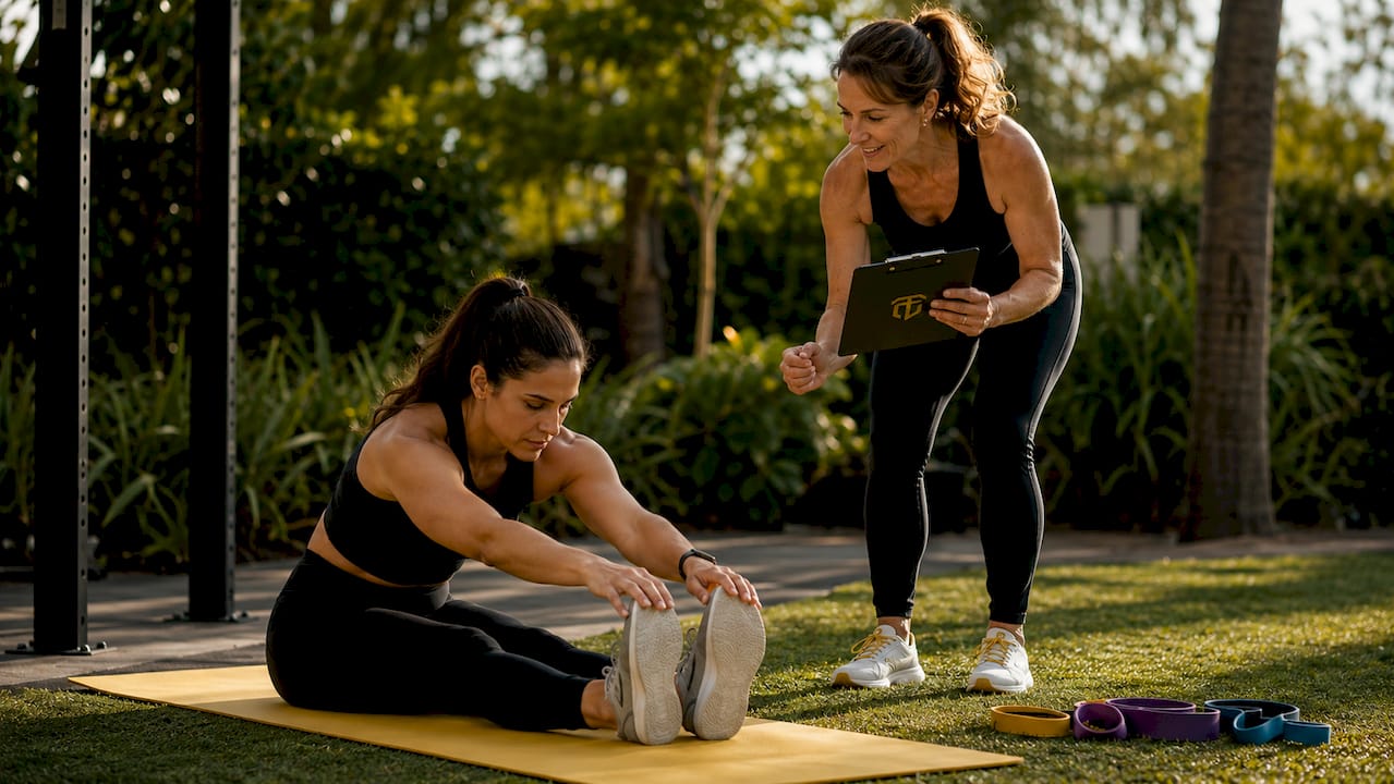 Trainer conducting fitness flexibility test overhead view
