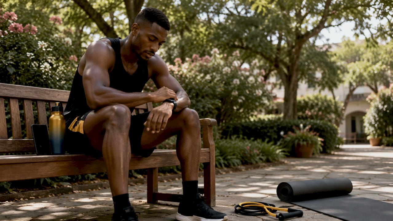 Athlete looking at wrist fitness tracker indoors