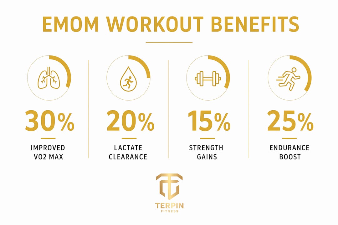 Infographic showing EMOM workout benefits with key stats