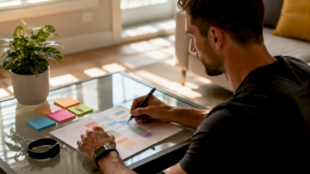 Hands planning workout schedule on planner