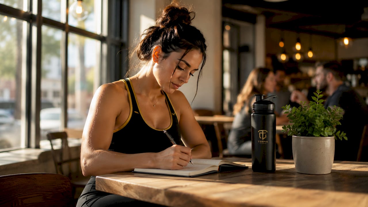 Woman writing fitness goals at home table