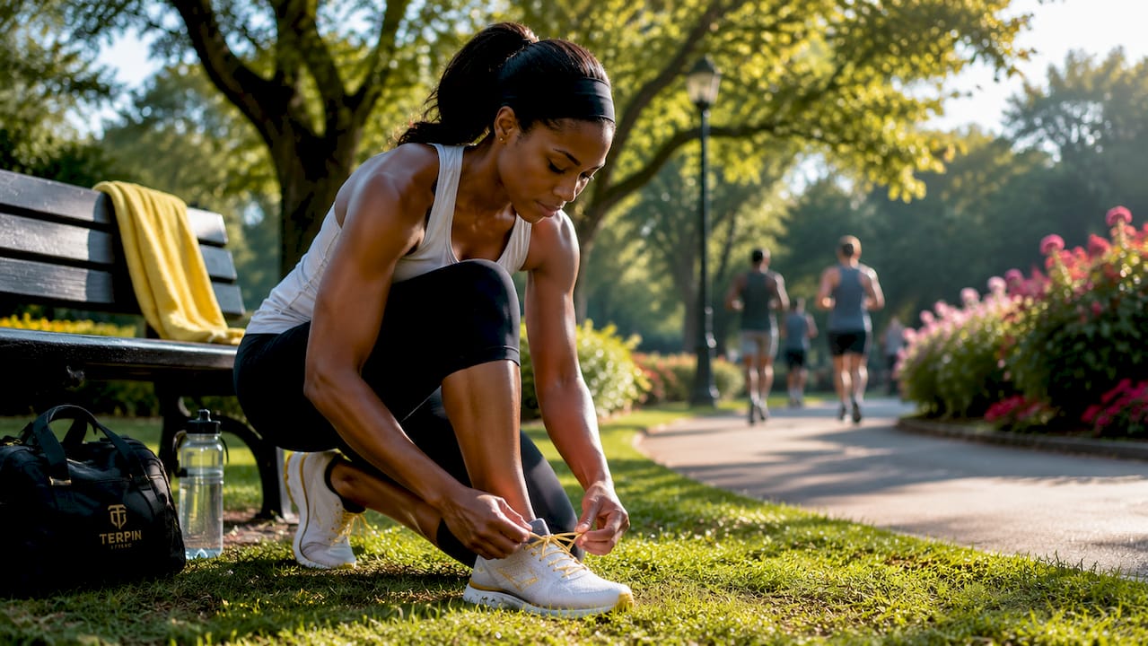 Woman tying running shoes in home gym