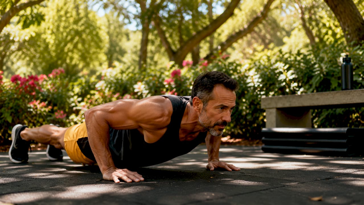 Middle-aged man doing push-up in fitness studio