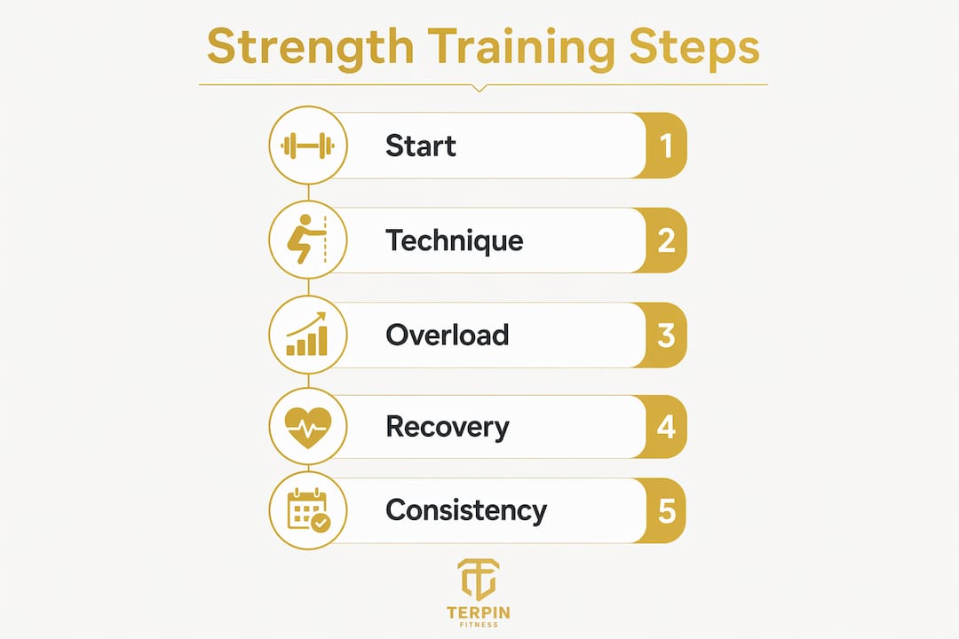 Infographic showing beginner strength training step progression