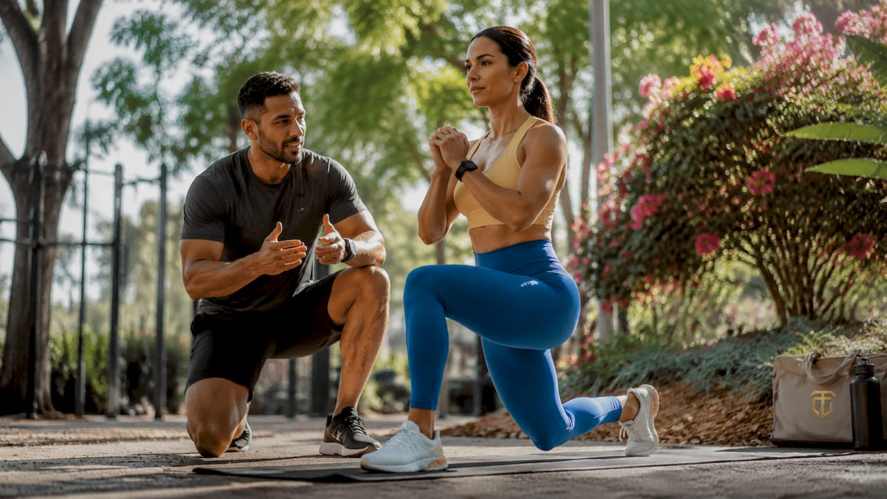 Trainer coaching client with tablet in gym
