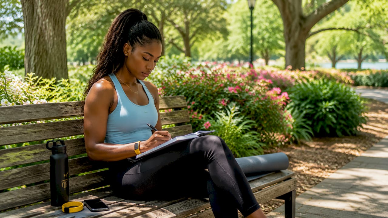 Woman writing fitness goals at kitchen table
