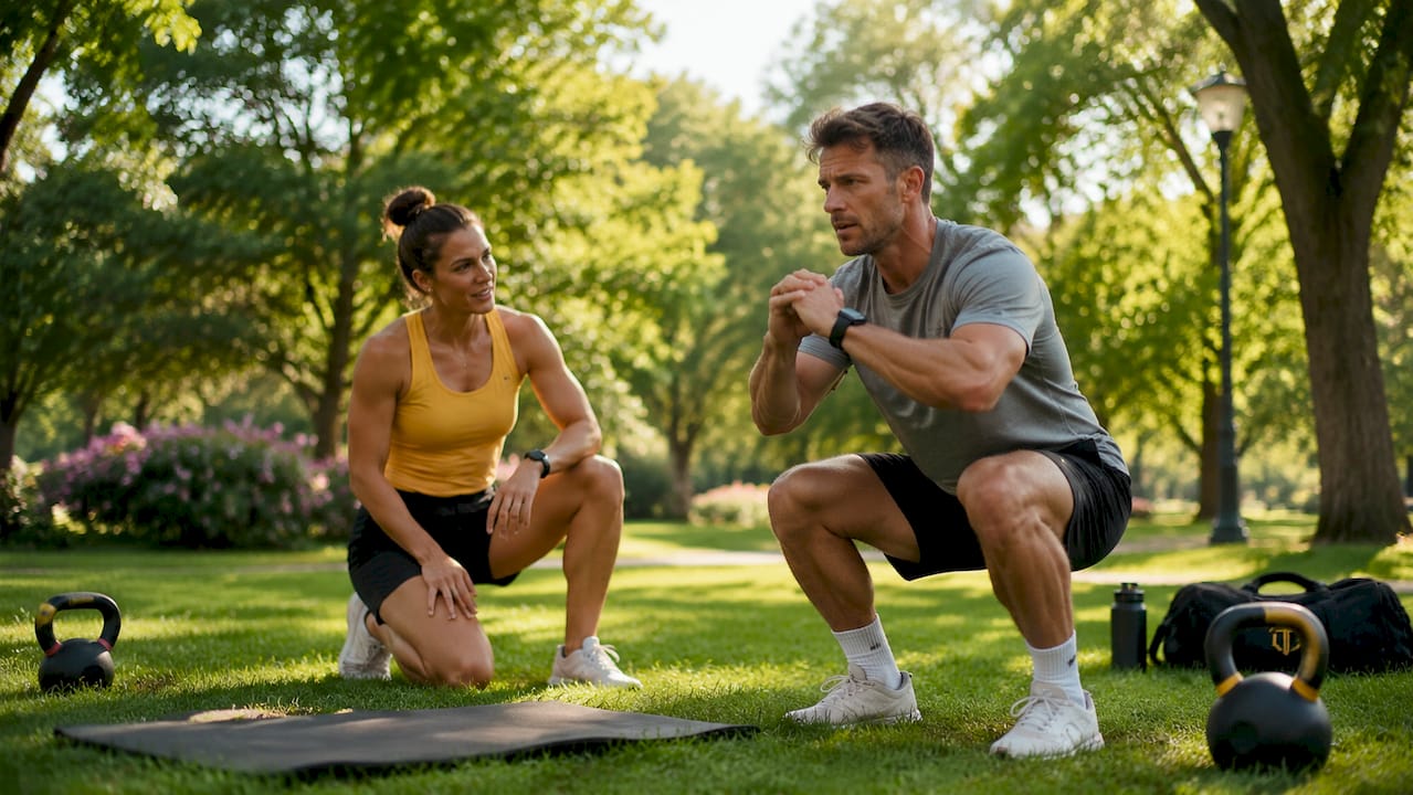 Trainer coaching client performing squat in gym