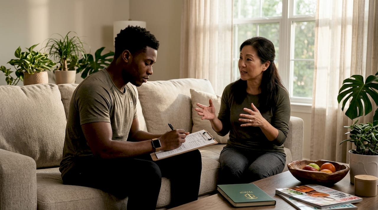 Trainer consulting client on lifestyle factors