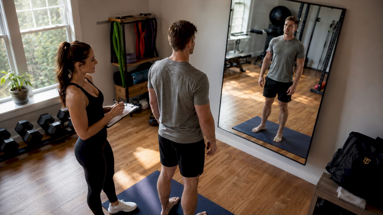 Fitness trainer assessing client body composition