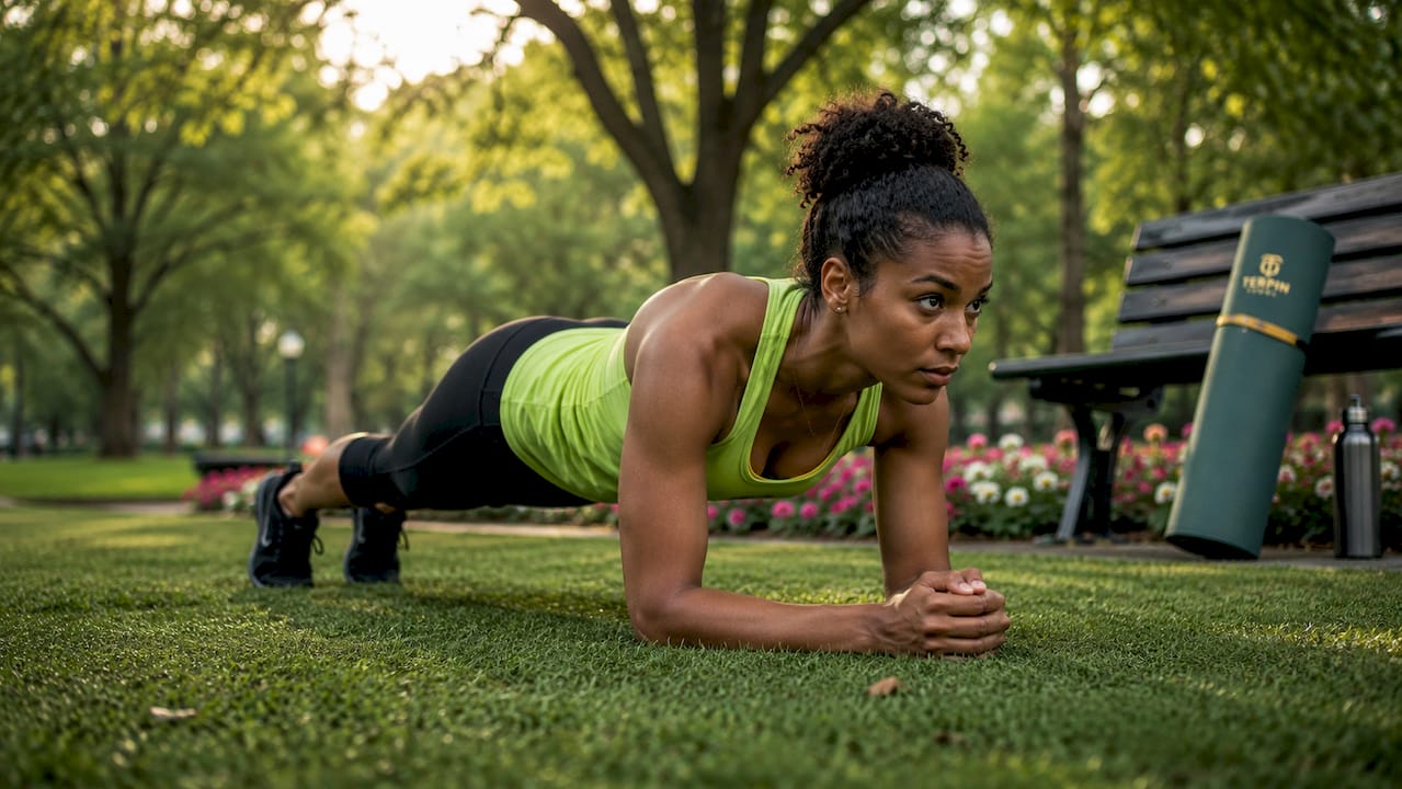 Woman in plank exercise indoors gym morning light