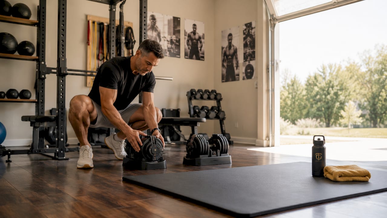 Adjustable dumbbells being adjusted close-up