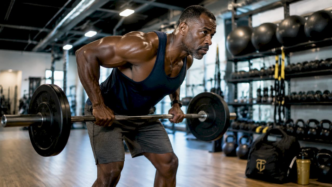 Man doing bent-over barbell row at home gym