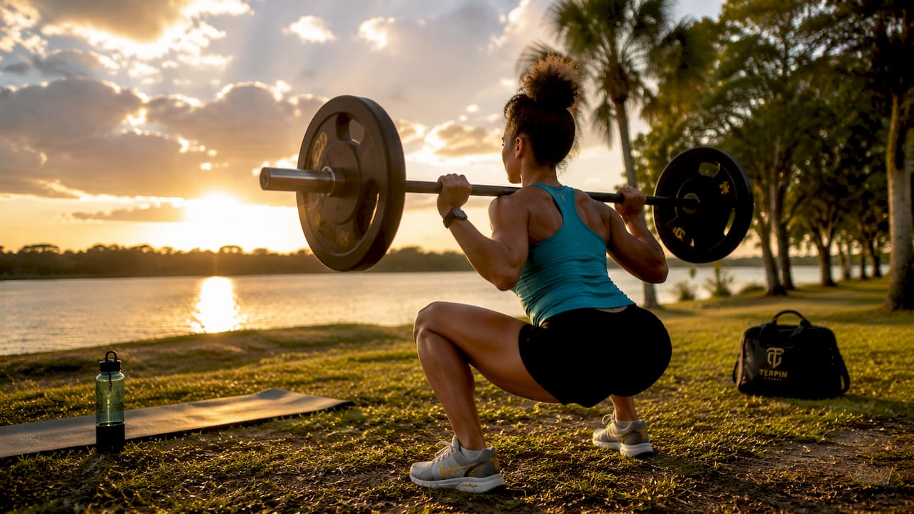 Woman performing barbell squat in gym