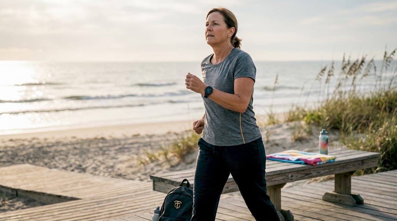 Woman walking briskly outdoors during fitness test