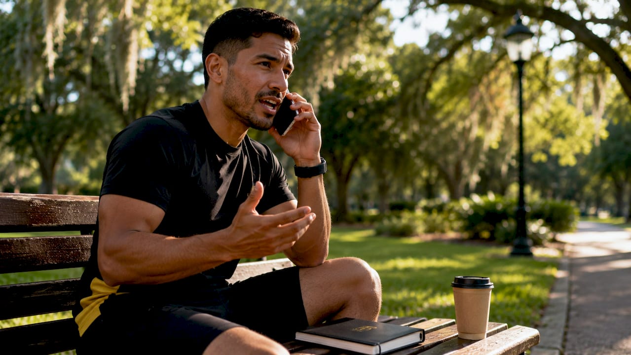Man discussing weight loss coaching over phone in café