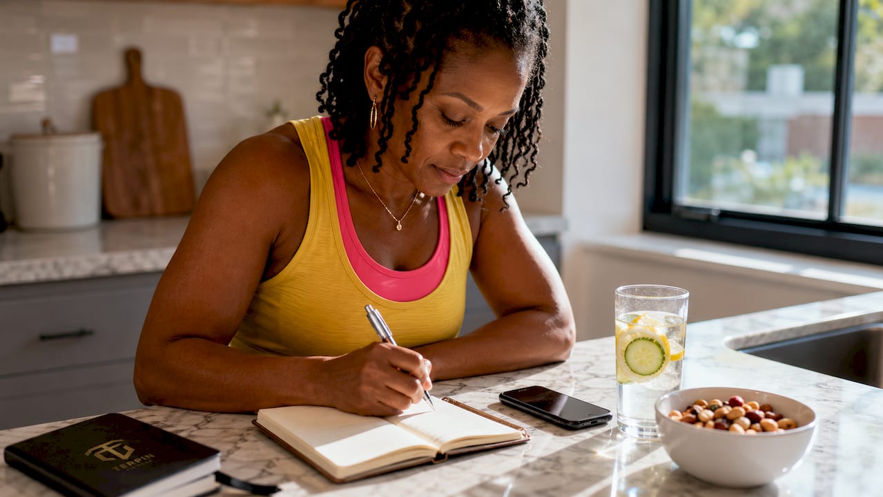 Woman journaling weight loss accountability at home