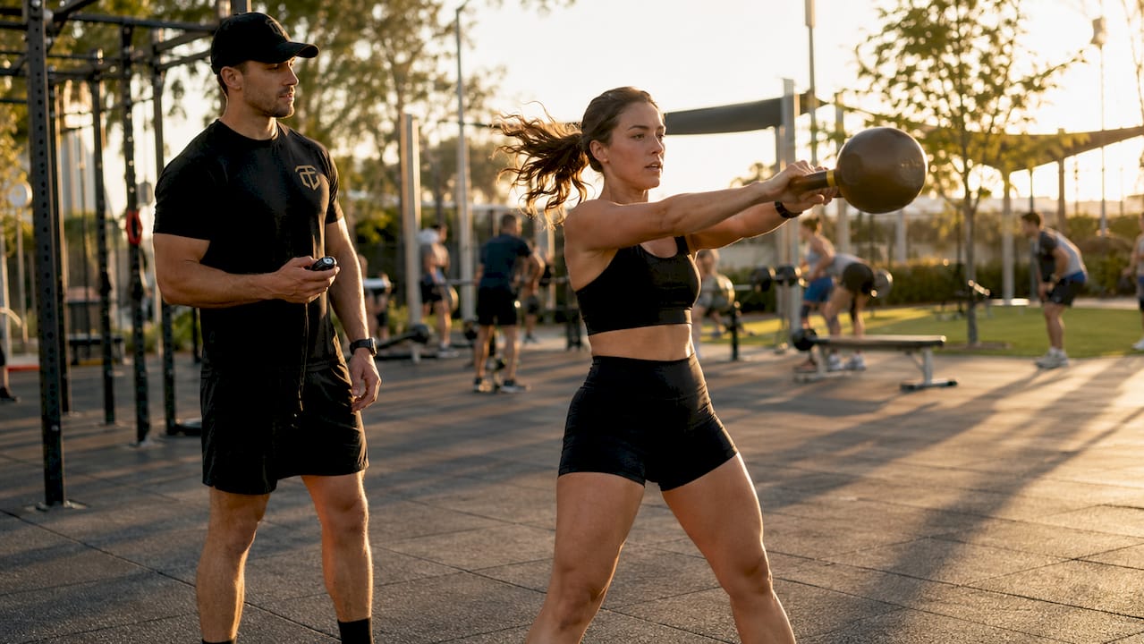 Trainer coaching high-intensity 30-minute session