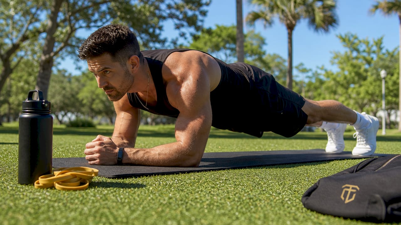 Man holding plank position in gym studio