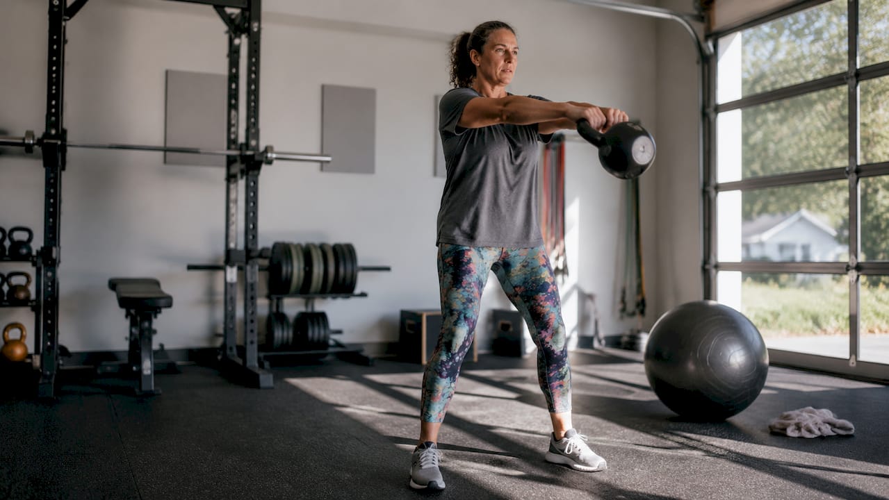 Woman performing kettlebell swing in home gym