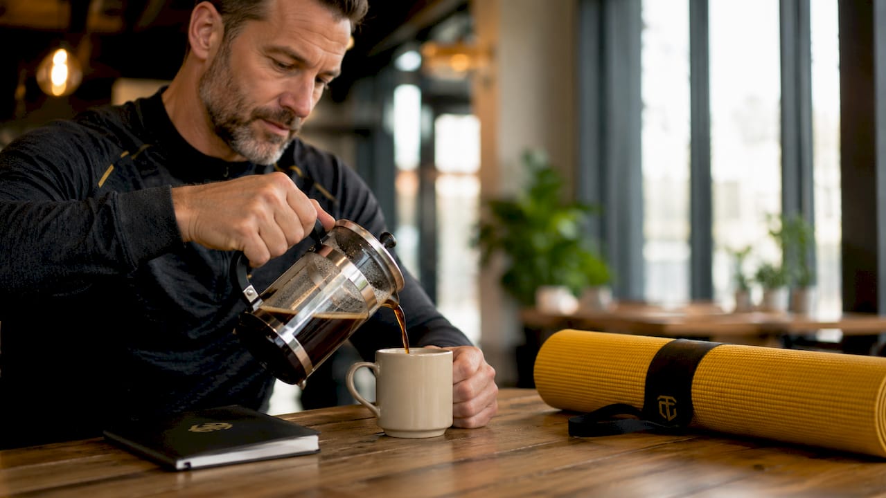 Man brewing coffee as workout habit cue