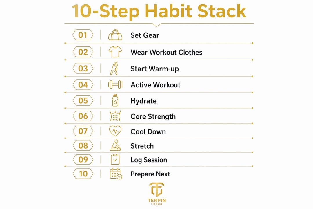 Infographic illustrating a 10-step fitness habit stacking process