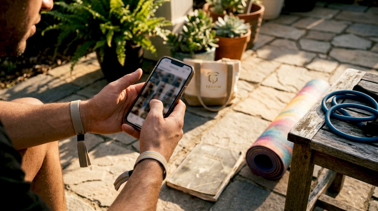 Hands holding smartphone showing progress photos