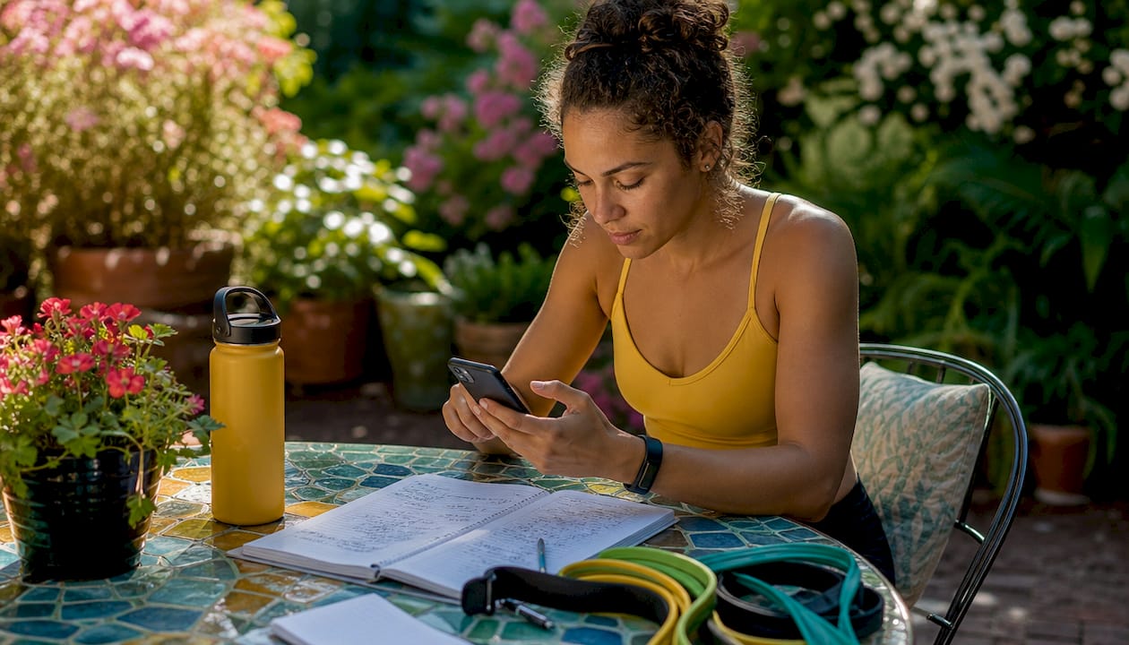 Woman tracking fitness progress on smartphone