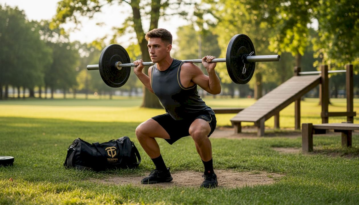 Teen male athlete performing weighted squat in gym