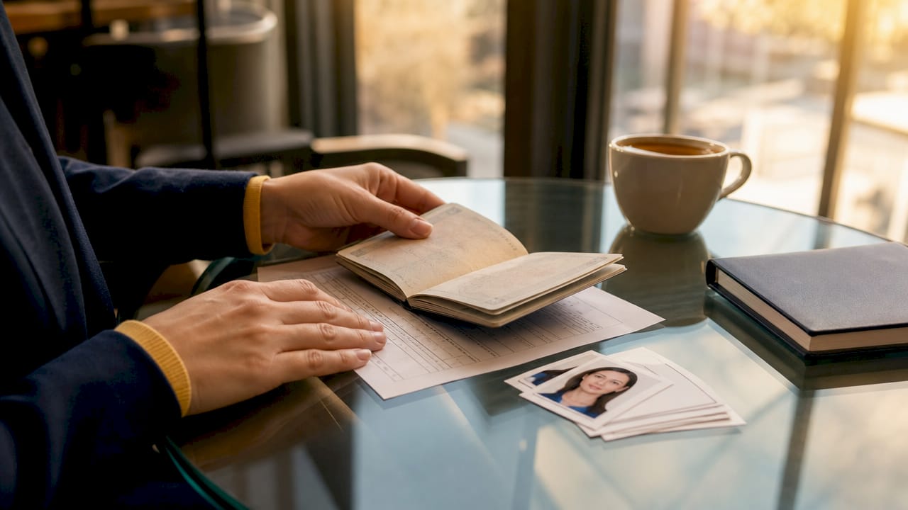 Hands arranging passport renewal documents on desk