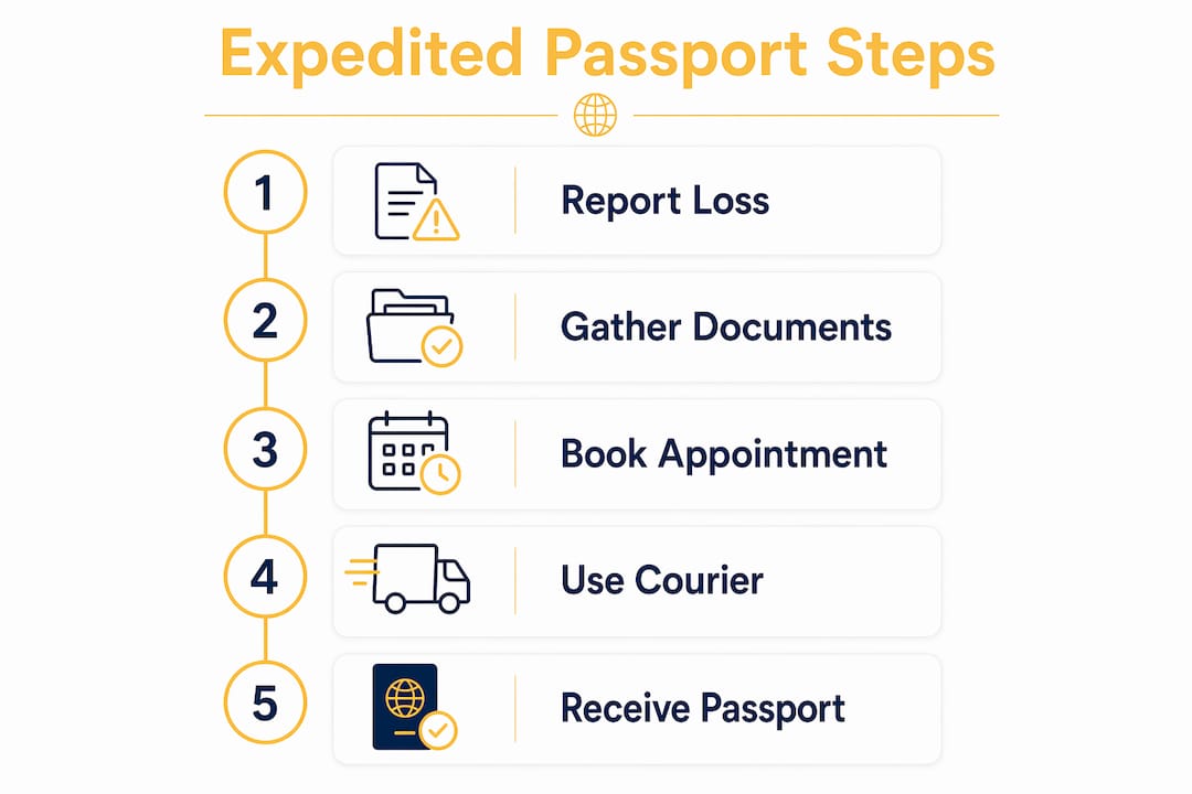 Infographic illustrating expedited passport replacement steps