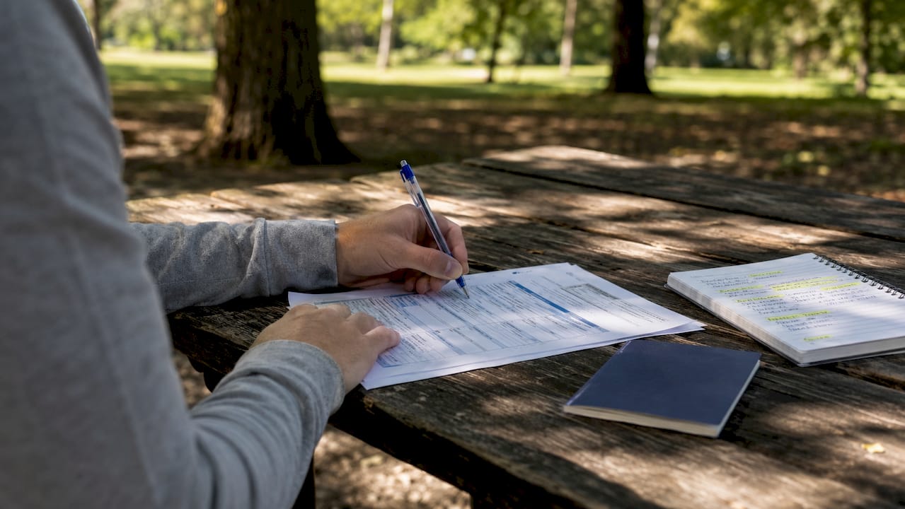 Hands completing expedited passport application forms