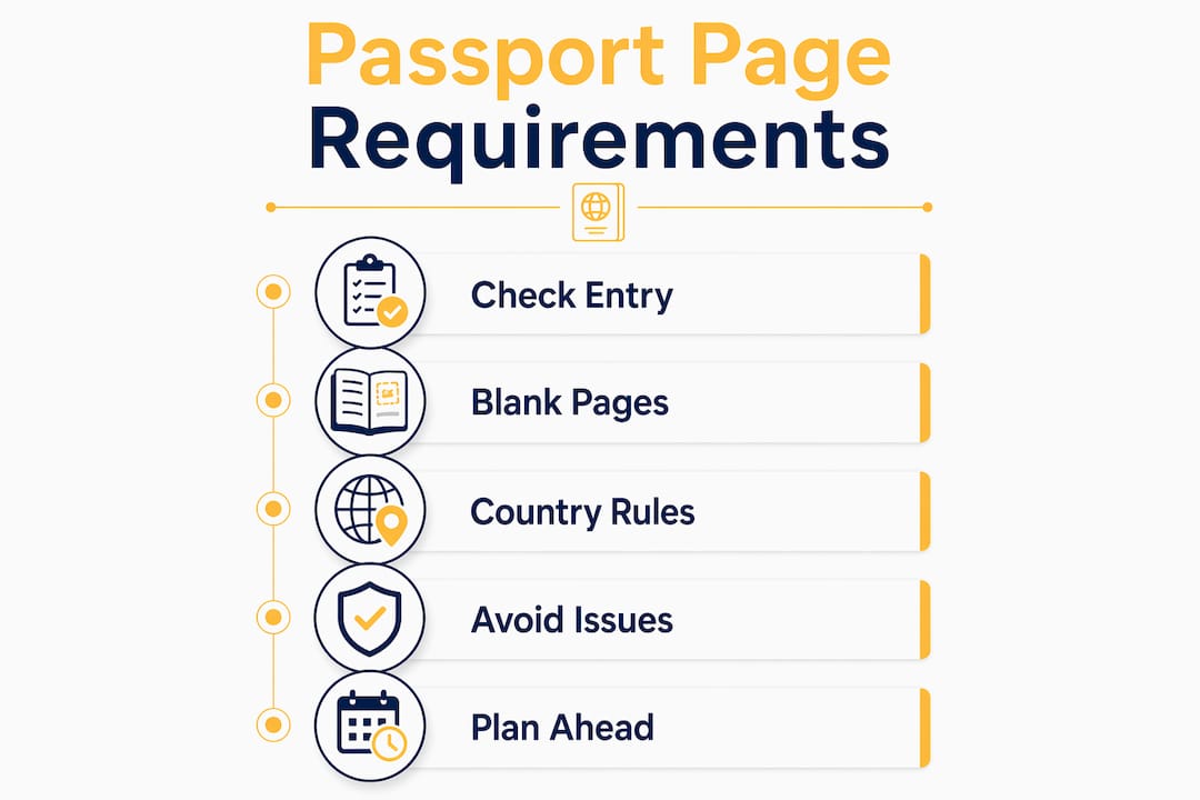 Infographic illustrating passport page requirements and travel tips