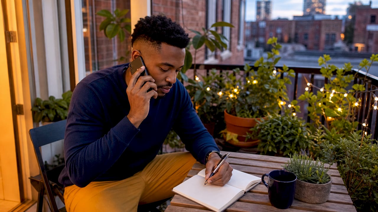 Man calling for passport appointment, taking notes