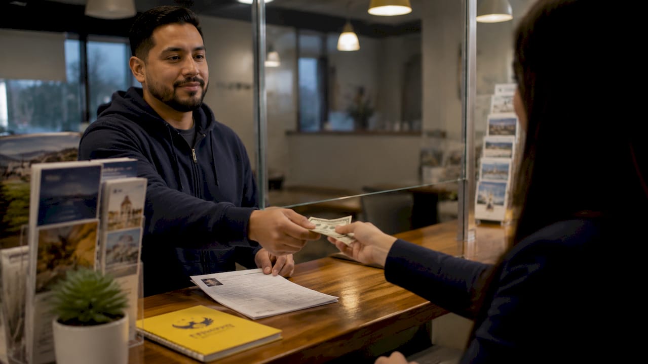 Man submitting passport fee check at service counter